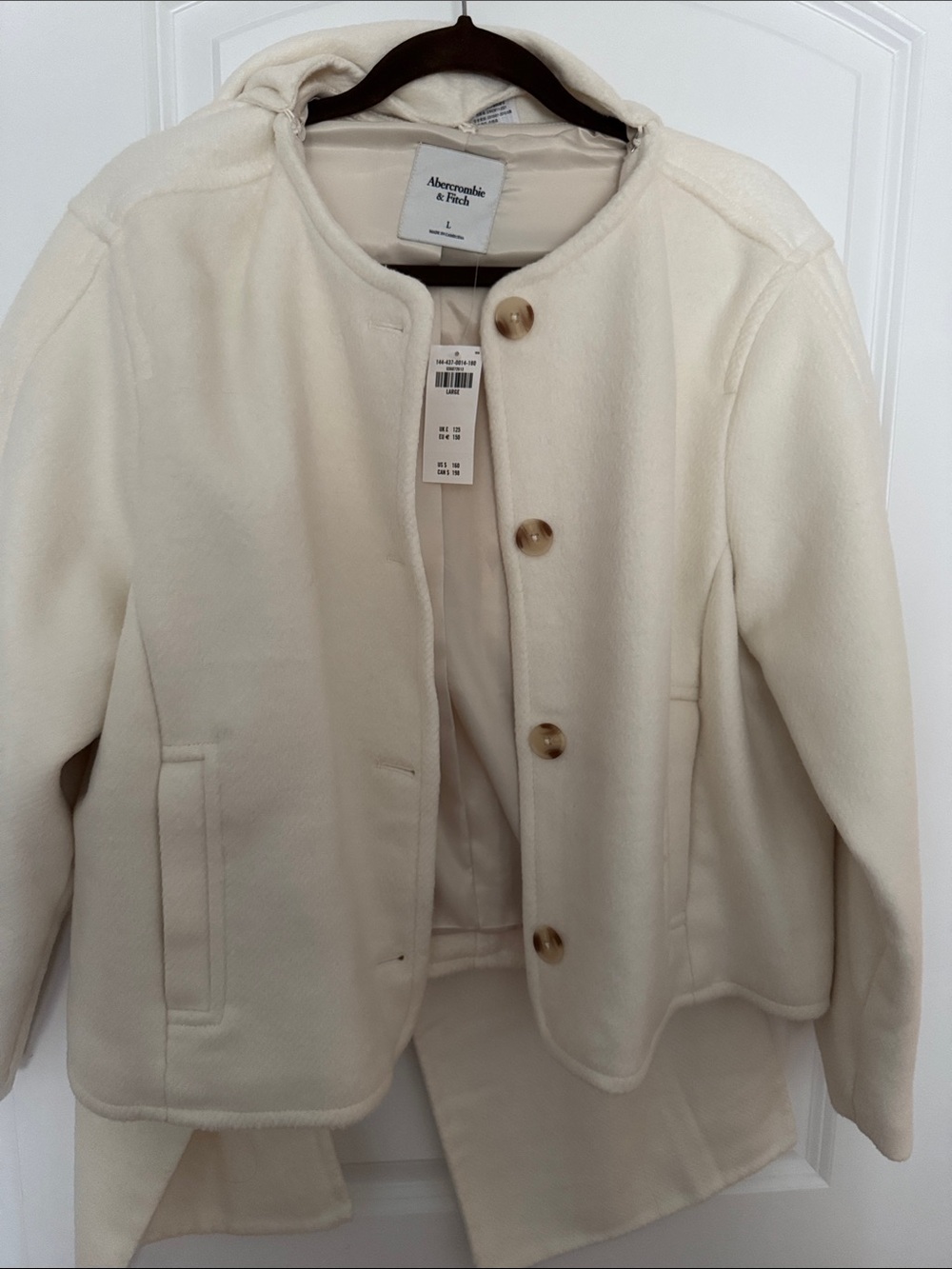 Brand New -Abercrombie & Fitch Cream Button-Front Pea Coat with attachable scarf